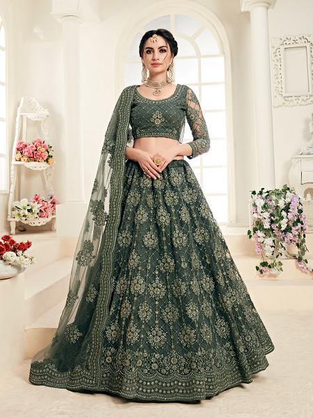 Myra Dark Olive Heavy Embroidered Net Lehenga - Distacart