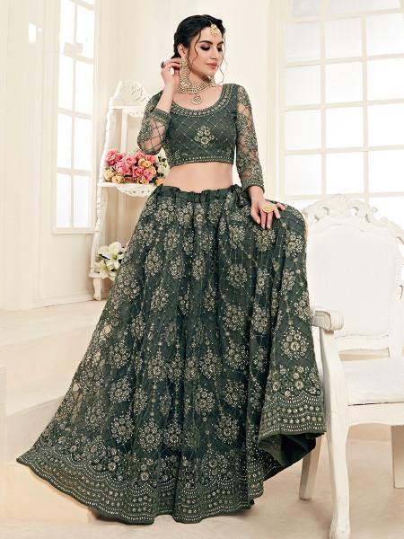 Myra Dark Olive Heavy Embroidered Net Lehenga - Distacart