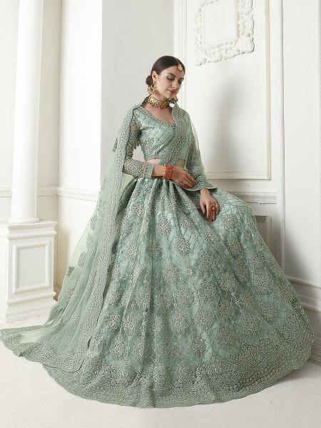 Myra Aqua Blue Heavy Embroidered Net Lehenga - Distacart