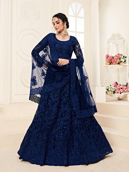 Myra Deep Blue Heavy Embroidered Net Lehenga - Distacart