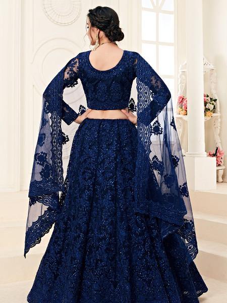 Myra Deep Blue Heavy Embroidered Net Lehenga - Distacart