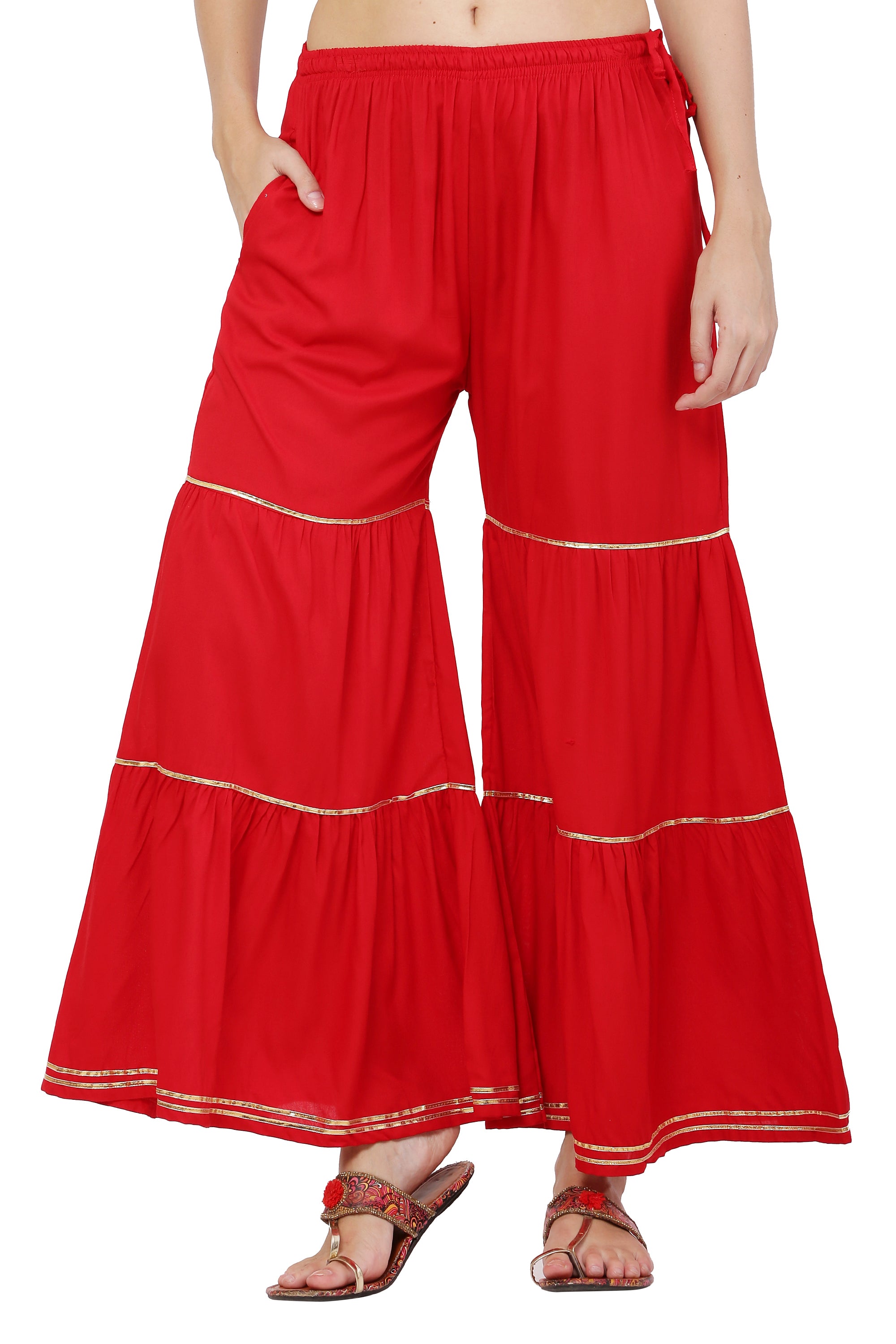 PAVONINE Red Color 3-Panels Golden Gota Flared Sharara For Women - Distacart