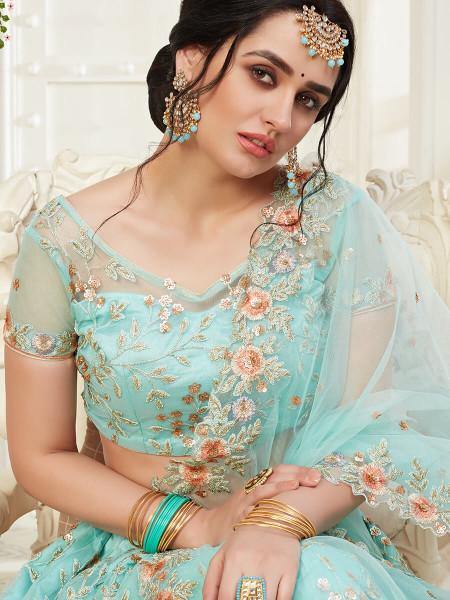 Myra Baby Blue Heavy Embroidered Net Lehenga online 