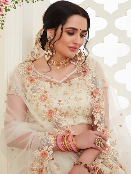 Myra Cream Heavy Embroidered Net Lehenga