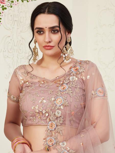 Myra Beautiful Dusty Pink Heavy Embroidered Net Lehenga Online