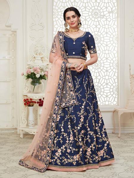 Myra Navy Blue Mulberry Embroidered Lehenga