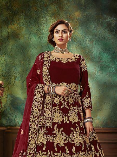 Myra Maroon Velvet Embroidered Anarkali Suit online