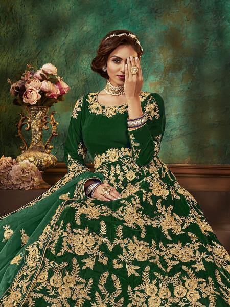 Green Velvet Embroidered Anarkali Suit
