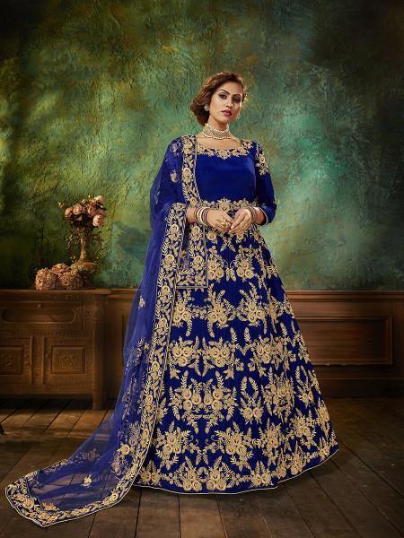 Myra Blue Velvet Embroidered Anarkali Suit