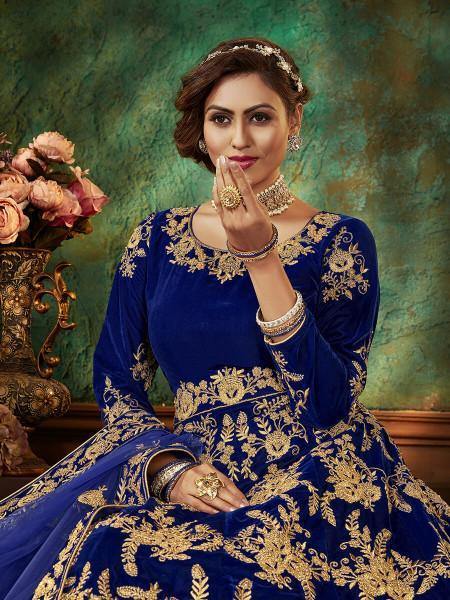 Myra Blue Velvet Embroidered Anarkali Suit online