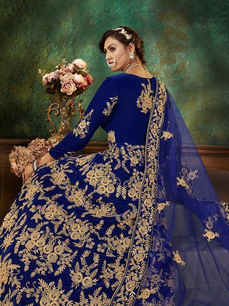 Myra Blue Velvet Embroidered Anarkali Suit