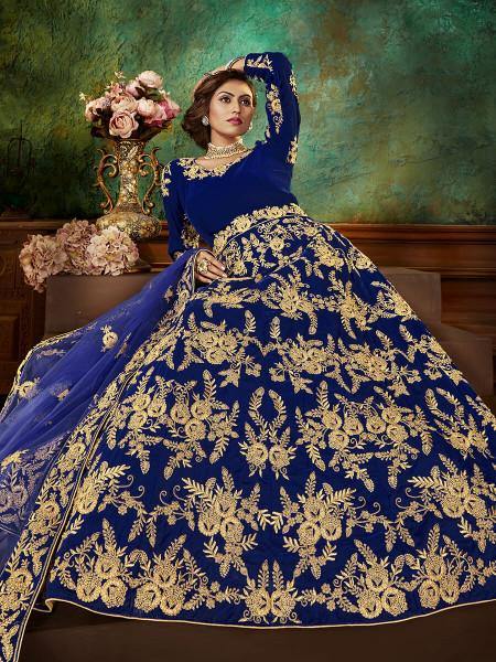 Blue Velvet Embroidered Anarkali Suit
