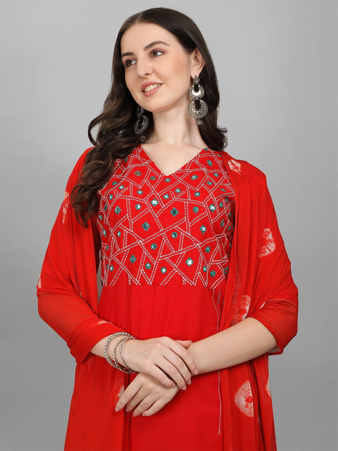 Kalini Women Red Embroidered Mirror Work Kurta with Trousers & With Dupatta - Distacart