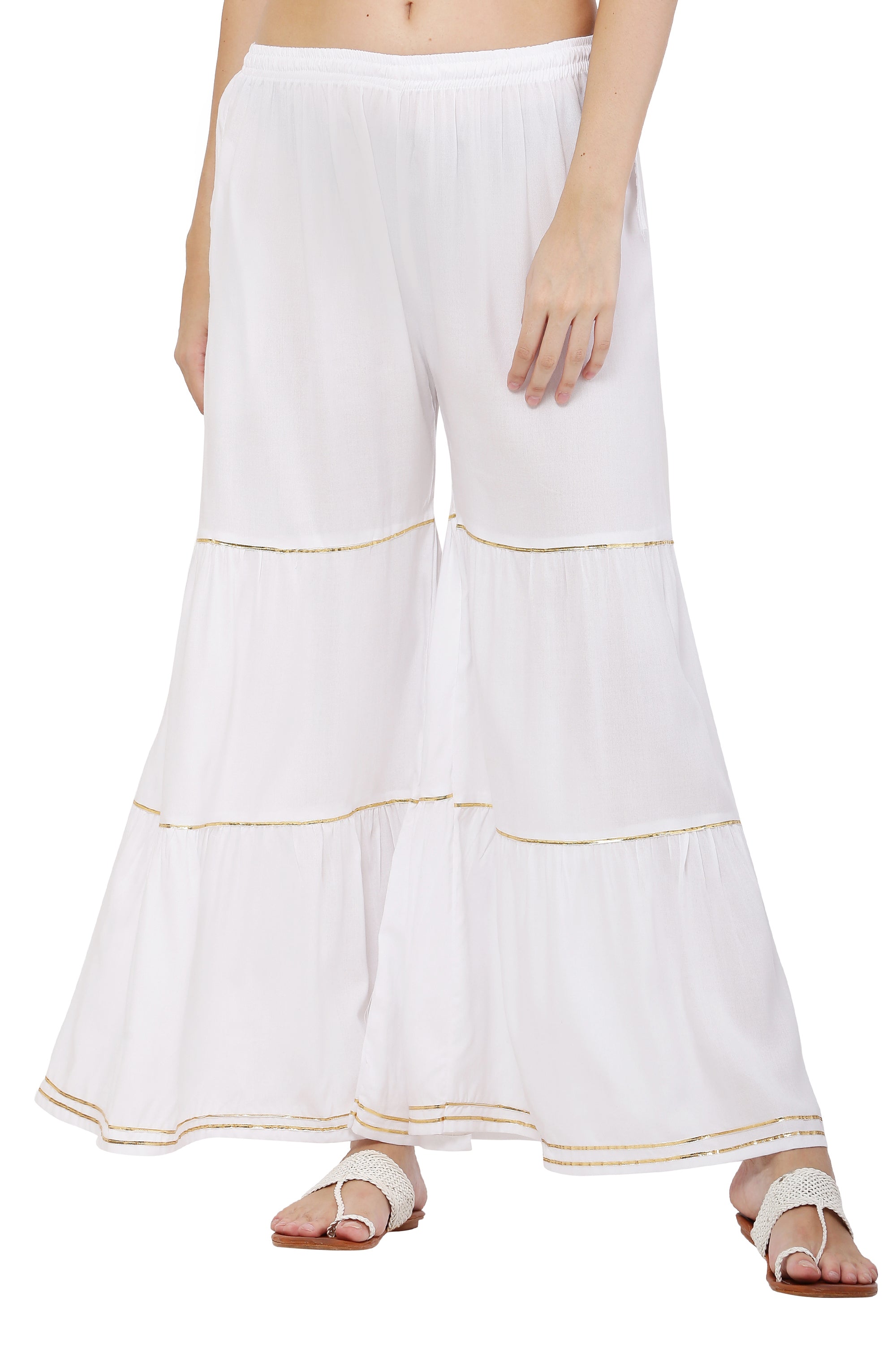 PAVONINE White Color 3-Panels Golden Gota Flared Sharara For Women - Distacart