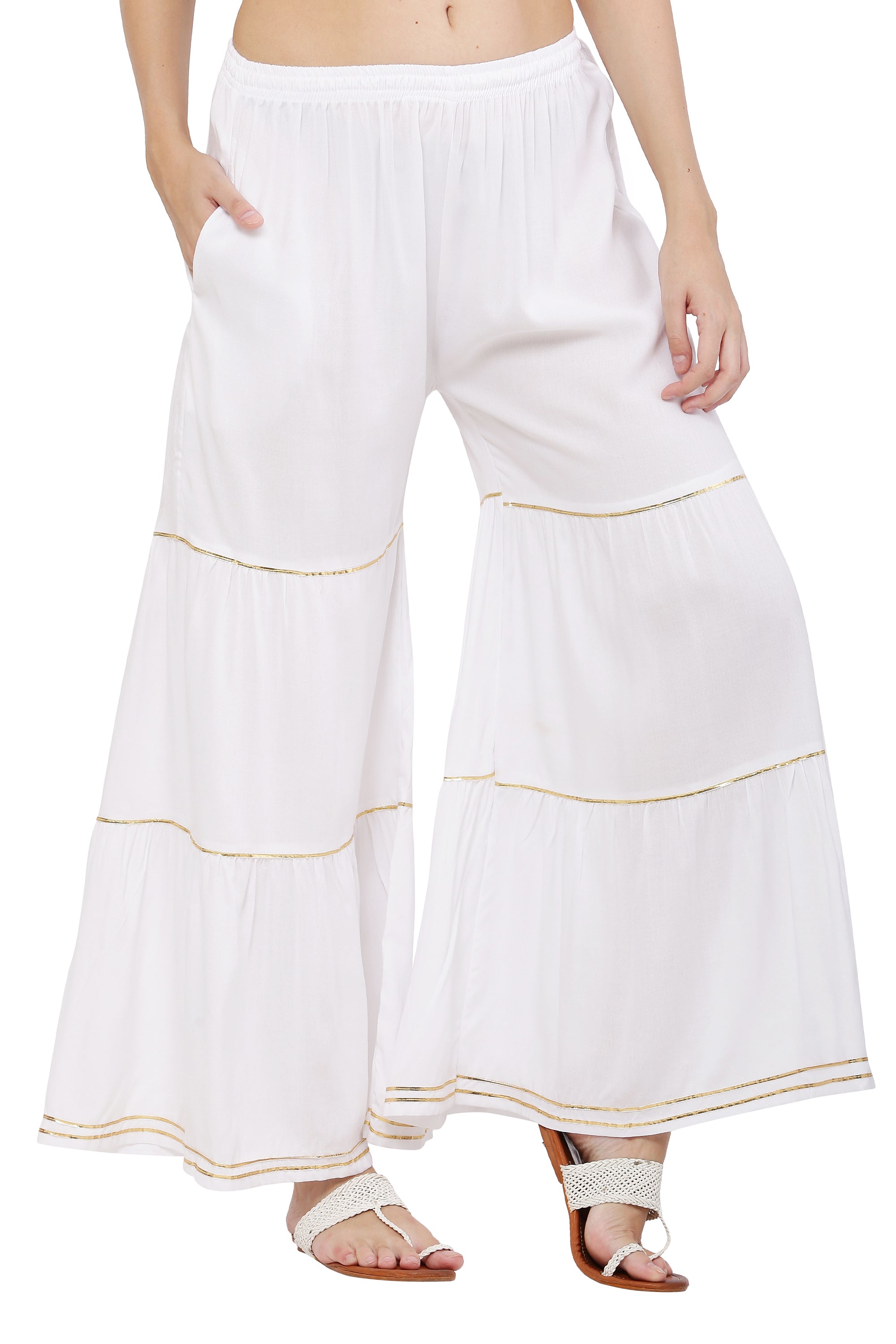 PAVONINE White Color 3-Panels Golden Gota Flared Sharara For Women - Distacart