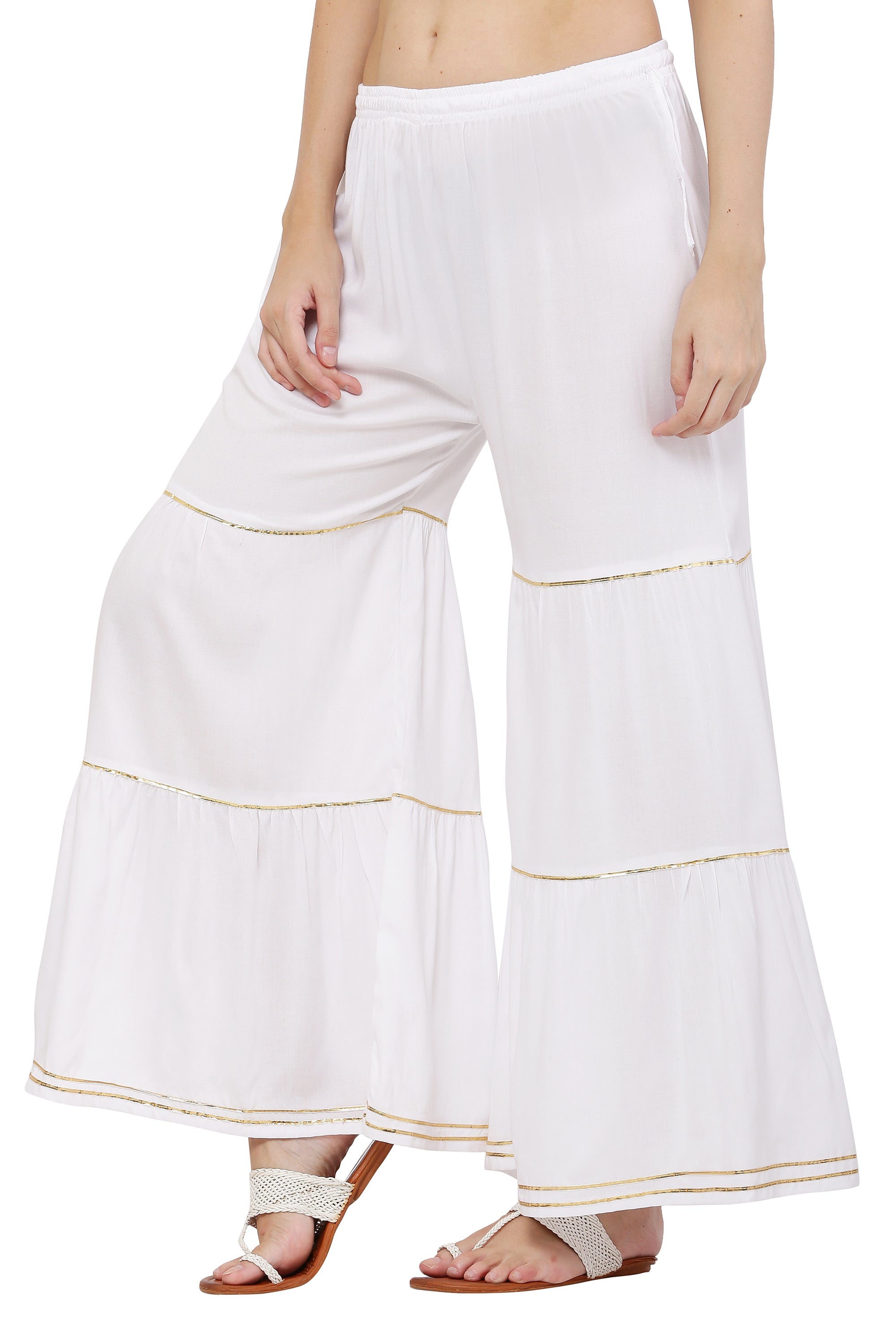 PAVONINE White Color 3-Panels Golden Gota Flared Sharara For Women - Distacart