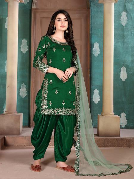 Myra Beautiful Green Art Silk Embroidered Patiyala Suit