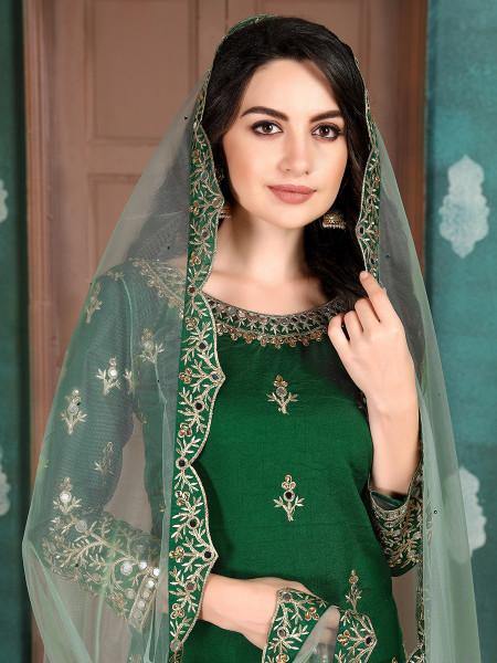 Myra Beautiful Green Art Silk Embroidered Patiyala Suit Online