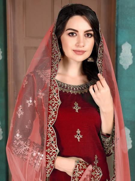 Myra Red Art Silk Embroidered Patiyala Suit - Distacart