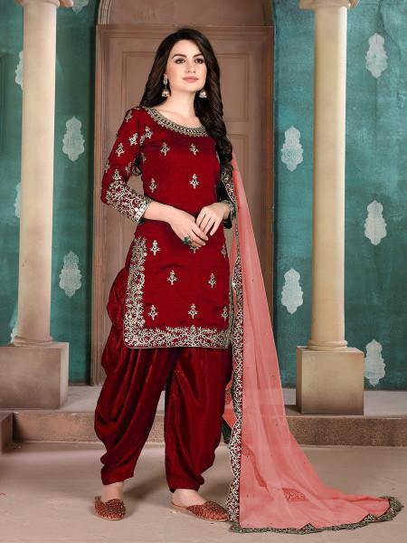 Myra Red Art Silk Embroidered Patiala Suit