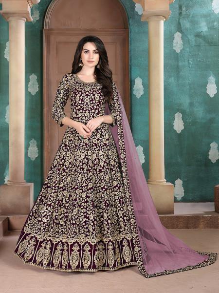 Myra Wine Georgette Embroidered Anarkali Suit