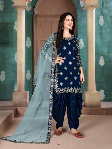 Myra Navy BlueArt Silk Embroidered Patiyala Suit - Distacart