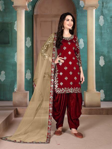 Myra Red Blue Art Silk Embroidered Patiala Suit
