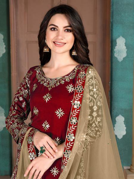 Myra Red Blue Art Silk Embroidered Patiala Suit