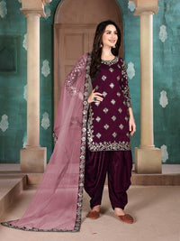 Thumbnail for Myra Wine Art Silk Embroidered Patiala Suit