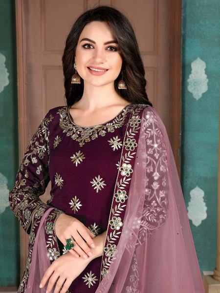 Myra Wine Art Silk Embroidered Patiyala Suit - Distacart