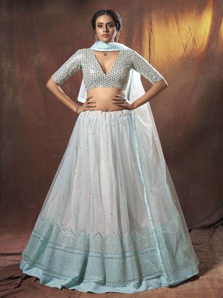 Myra Light Blue Embroidered Soft Net Lehenga - Distacart