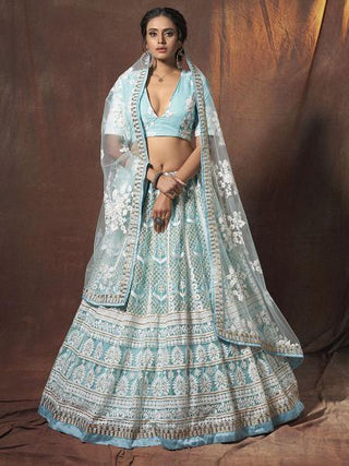 Myra Baby Blue Embroidered Soft Net Lehenga Online