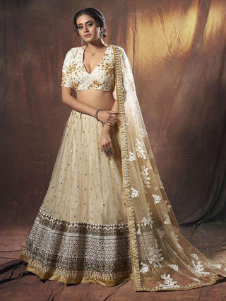 Myra Beige Embroidered Soft Net Lehenga