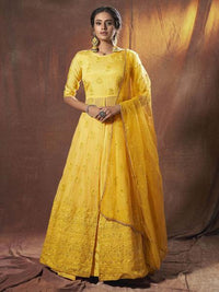 Thumbnail for Myra Lime Yellow Embroidered Georgette Lehenga online