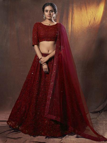 Myra Maroon Embroidered Soft Net Lehenga - Distacart