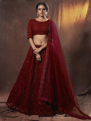 Myra Maroon Embroidered Soft Net Lehenga - Distacart
