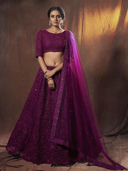 Myra Wine Embroidered Soft Net Lehenga - Distacart