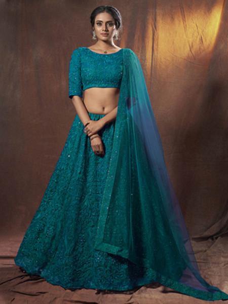 Myra Beautiful Rama Embroidered Soft Net Lehenga