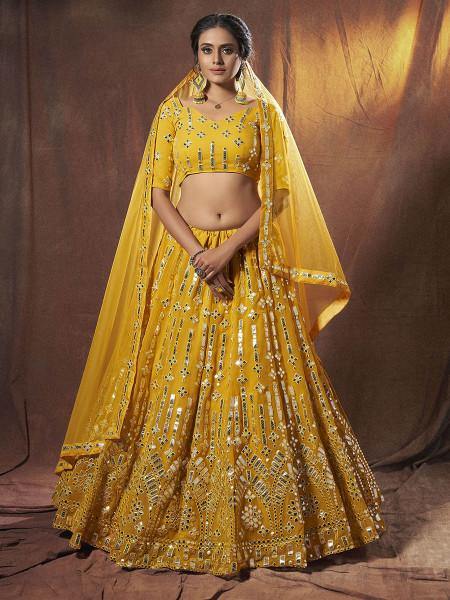 Myra Yellow Embroidered Georgette Lehenga - Distacart