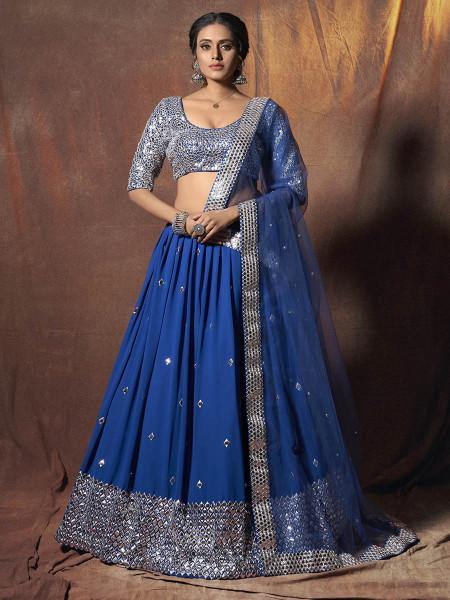 Myra Blue Embroidered Georgette Lehenga - Distacart