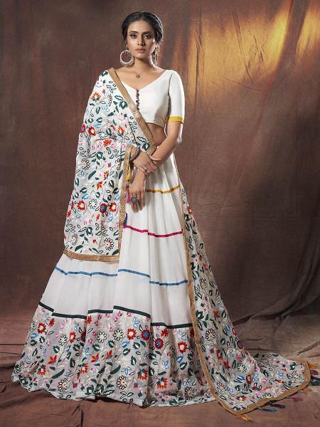 Myra White Embroidered Georgette Lehenga - Distacart