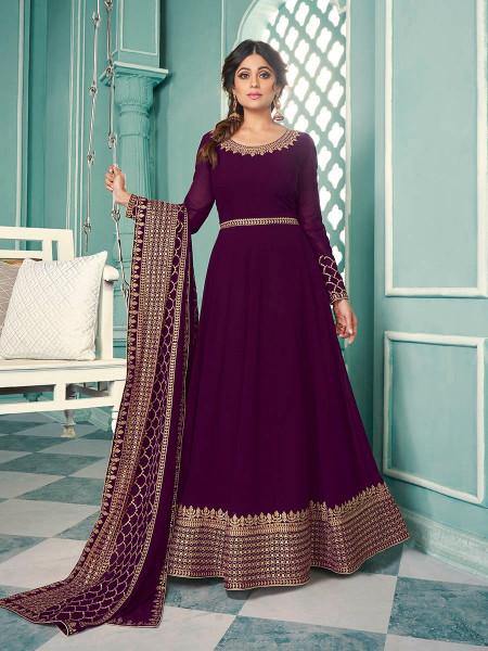 Myra Wine Embroidered Real Georgette Anarkali Suit