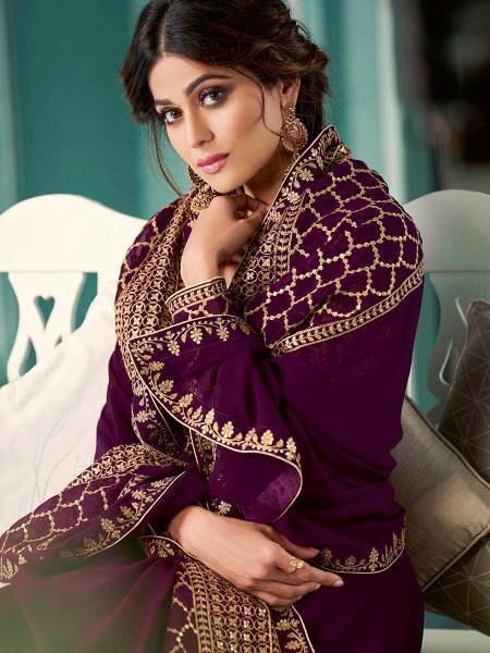 Myra Wine Embroidered Real Georgette Anarkali Suit