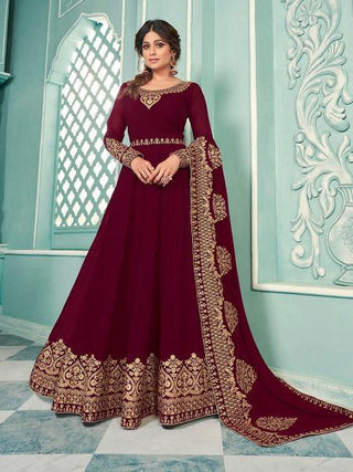 Myra Maroon Embroidered Real Georgette Anarkali Suit