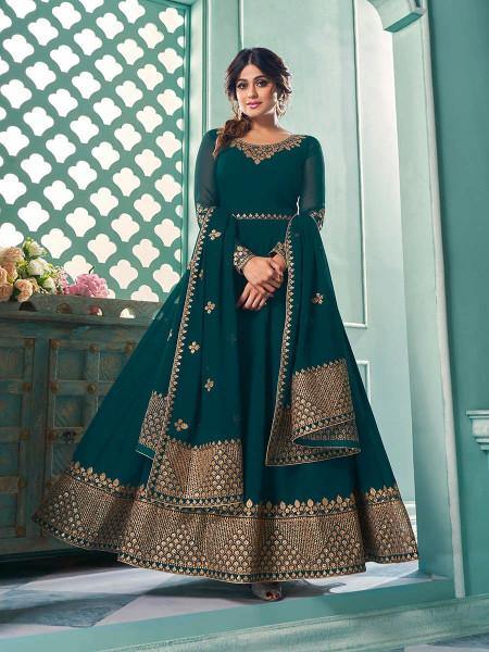 Myra Teal Embroidered Real Georgette Anarkali Suit
