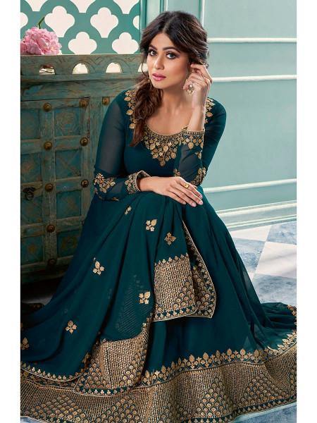 Myra Teal Embroidered Real Georgette Anarkali Suit
