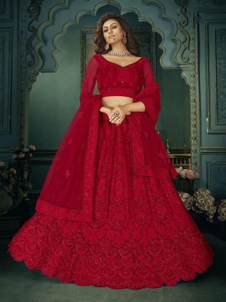 Myra Beautiful Red Heavy Embroidered Net Bridal Lehenga