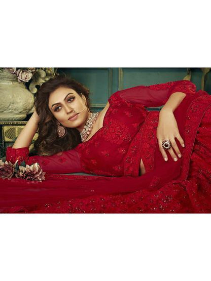Beautiful Red Heavy Embroidered Net Bridal 