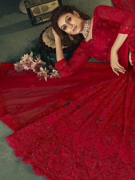 Myra Beautiful Red Heavy Embroidered Net Bridal Lehenga Online