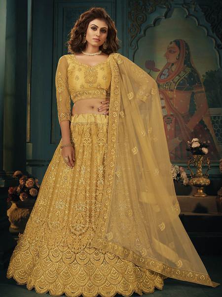 Myra Beautiful Mustard Yellow Heavy Embroidered Net Bridal Lehenga Online
